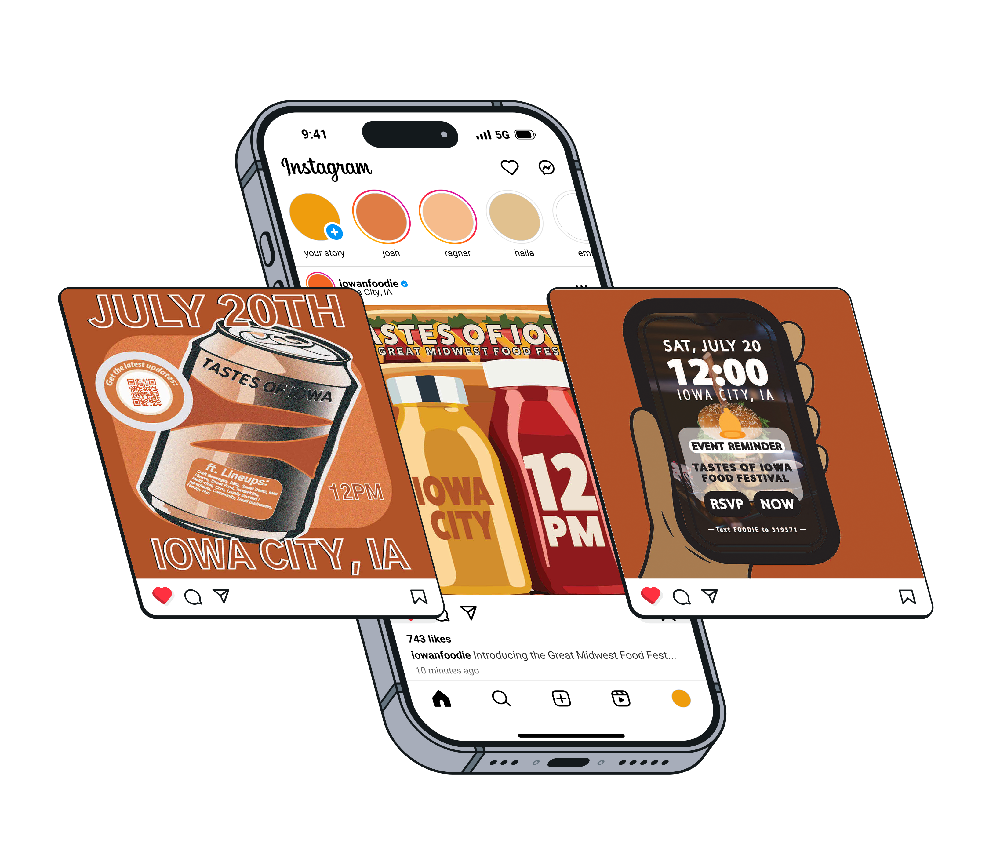 iphone 15 instagram mock up with three food festival posts